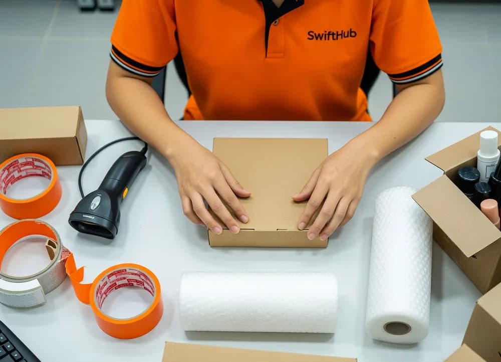 SwiftHub operator packing a brand’s ecommerce order