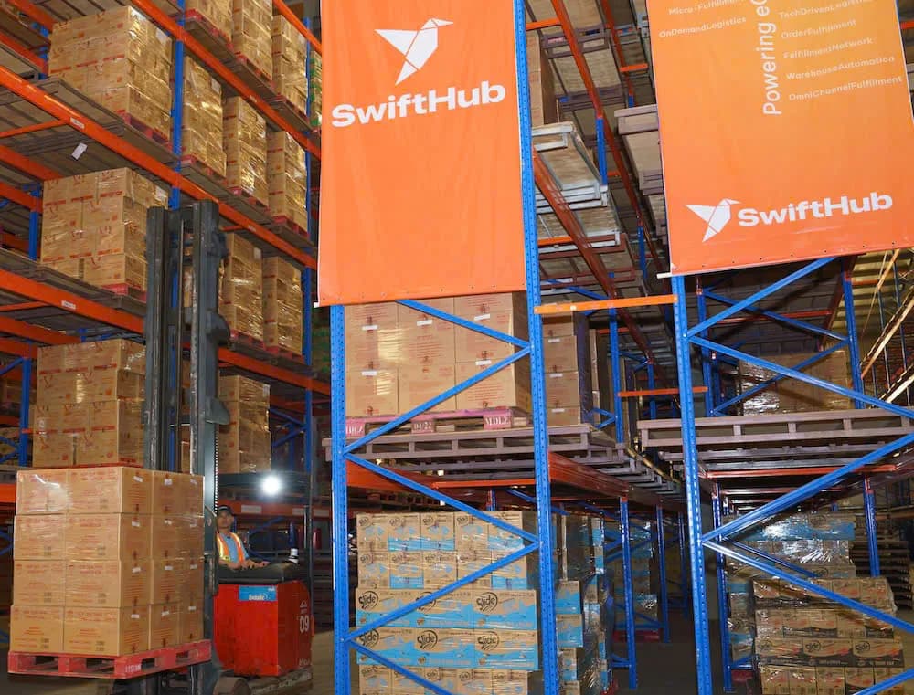 Storage racks inside a SwiftHub warehouse